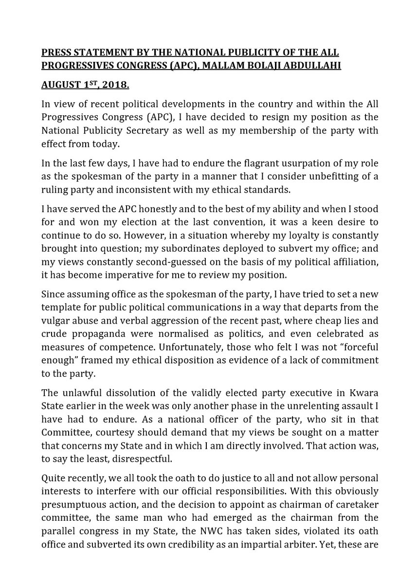Bolaji Abdullahi resignation from the APC