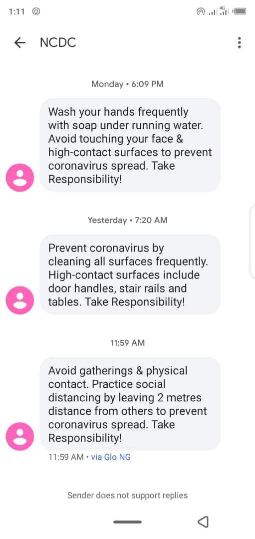 NCDC text messages to Nigerians