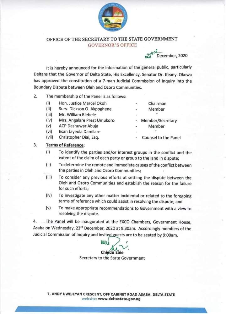 Oleh/Ozoro land dispute: Okowa sets up panel of enquiry
