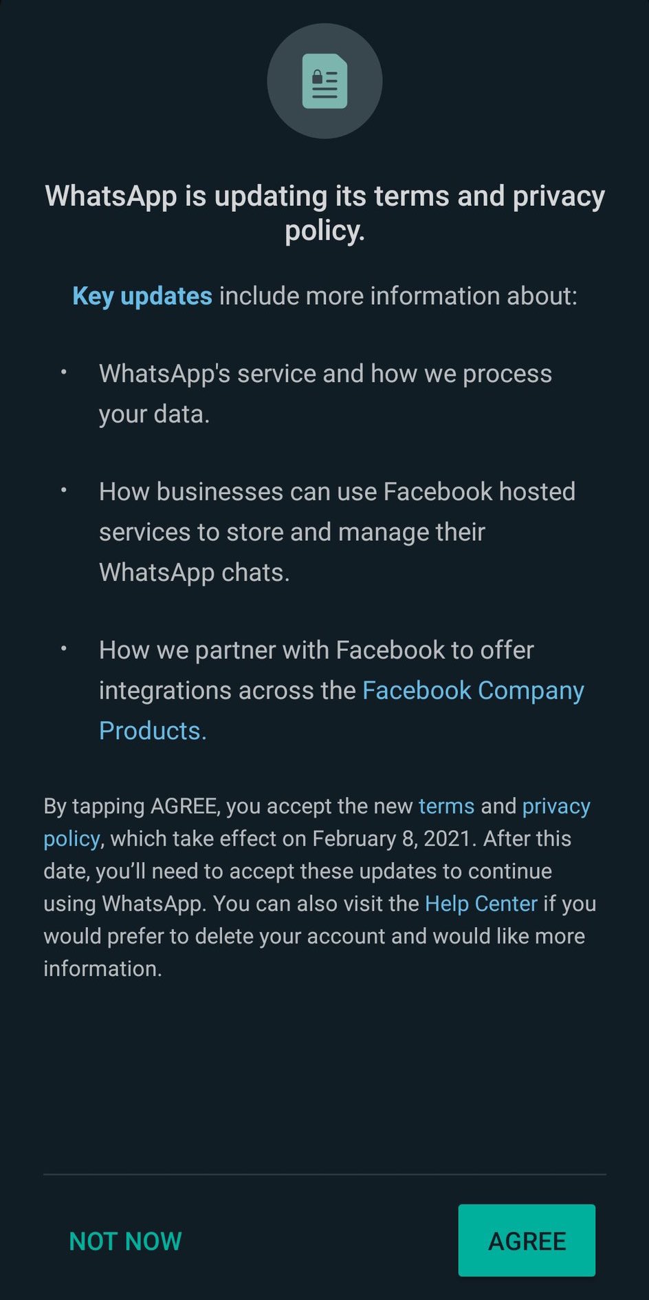 WhatsApp begins enforcement of agree or lose access policy