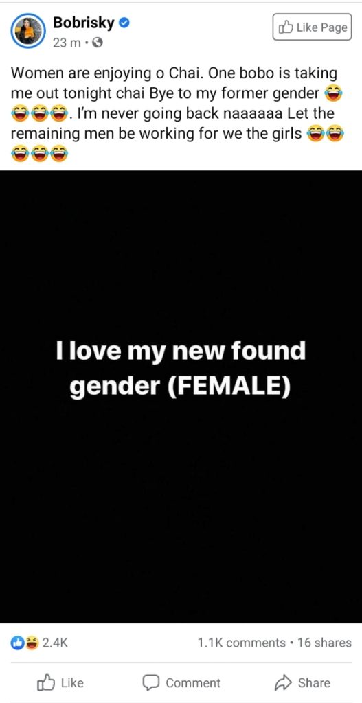 Bobrisky announces his transition into womanhood