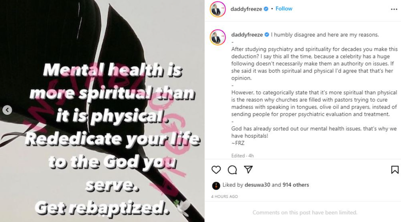 Mental health: Daddy Freeze engages Genevieve Nnaji