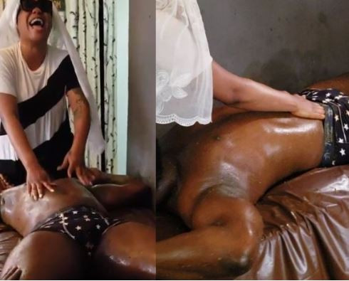 Harrysong under fire over getting sexy massage from Toyin Lawani [VIDEO]