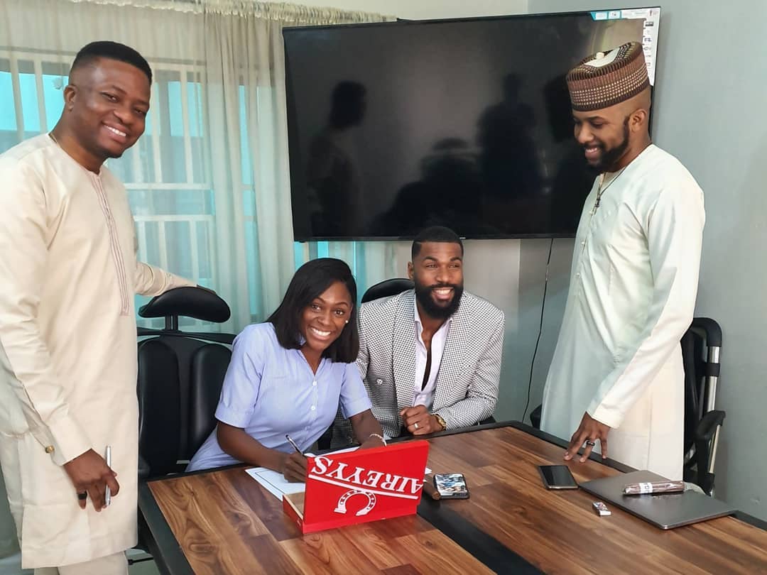 Photo: Ex-BBNaija housemate, Mike, wife sign endorsement deal with Banky W’s EME