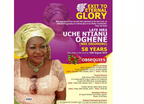 Family announces demise of Uche Ntianu Oghene