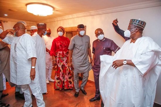 Photo News: Senate President, Ahmed Lawan leads senators to Orji Kalu’s house