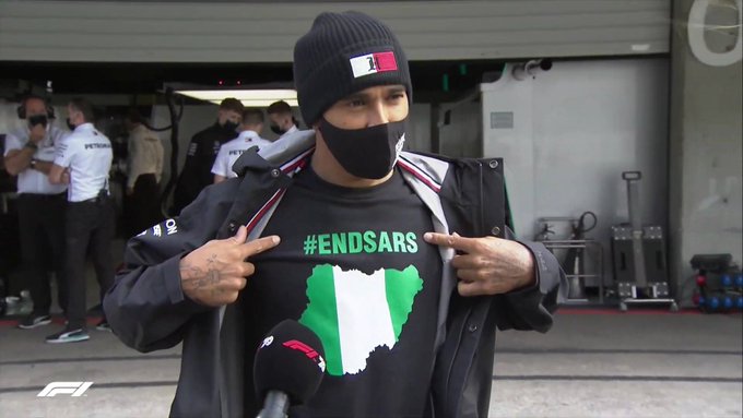 Lewis Hamilton dons #EndSARS T-shirt for pre-race interview
