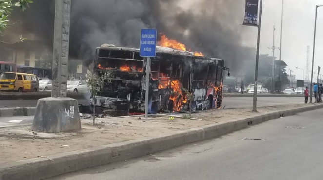 BREAKING: BRT bus conveying 45 passengers bursts into flames in Lagos