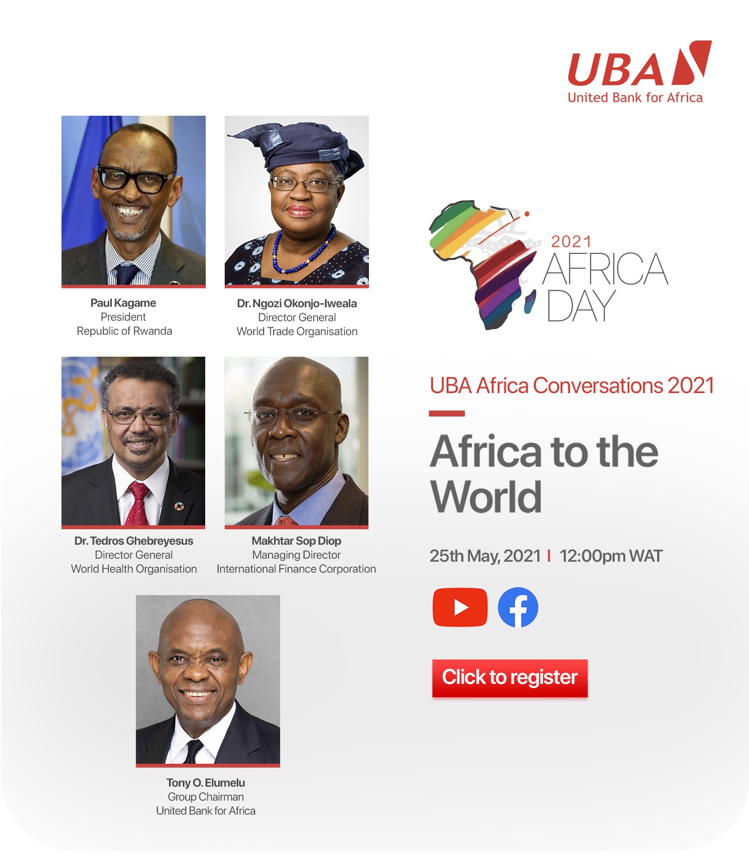 Kagame, Okonjo-Iweala, Ghebreyesus, Elumelu, others for UBA Africa Conversations 2021
