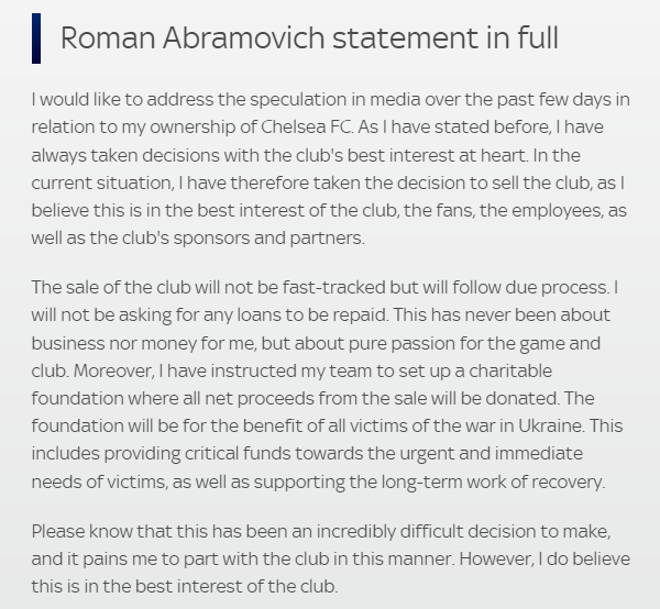 Abramovich to sell Chelsea over Ukraine war