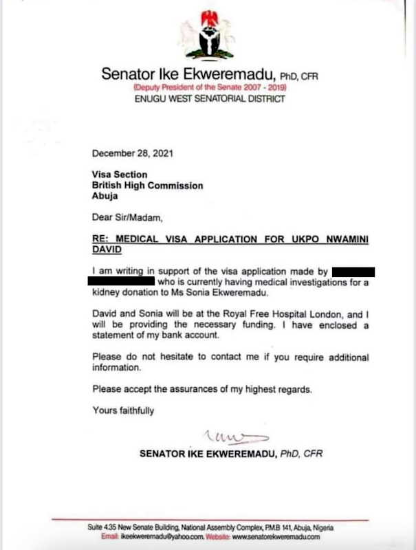 letter addressed to the Visa Section of the British High Commission in Abuja by Senator Ekweremadu on December 28, 2021.
