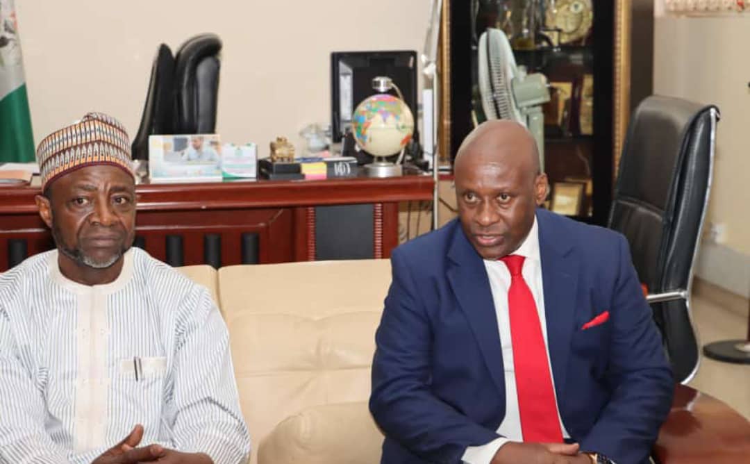 L-R: The Executive Vice Chairman /CE of NASENI, Engr Prof Mohammed Sani Haruna and Charge d' Affaires, Brig Gen Herbert Mbonye, the representative of the Ugandan High Commissioner to Nigeria, His Excellency, Amb. Nelson Ocheger, when he paid a courtesy call on the EVC/CE of NASENI at the Agency's headquarters in Abuja.