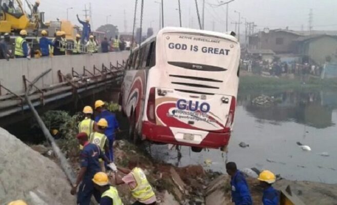 45 passengers escape death as luxury bus plunges into drainage in Kogi