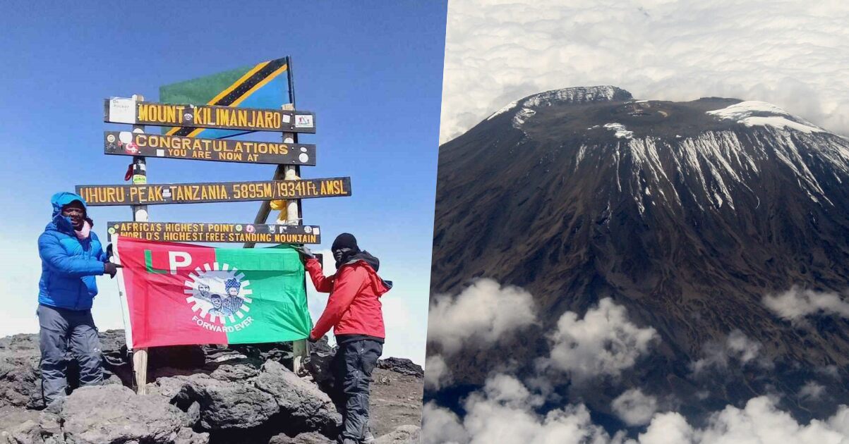 Supporter hangs Labour Party flag atop Mount Kilimanjaro