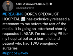 “ Rico was smelling of alcohol when he was brought to Doren Hospital” – Kemi Olunloyo 