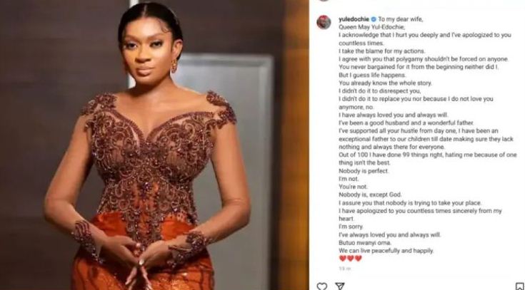 "Hating me because of one thing isn’t the best. Nobody is perfect", Yul Edochie tells May