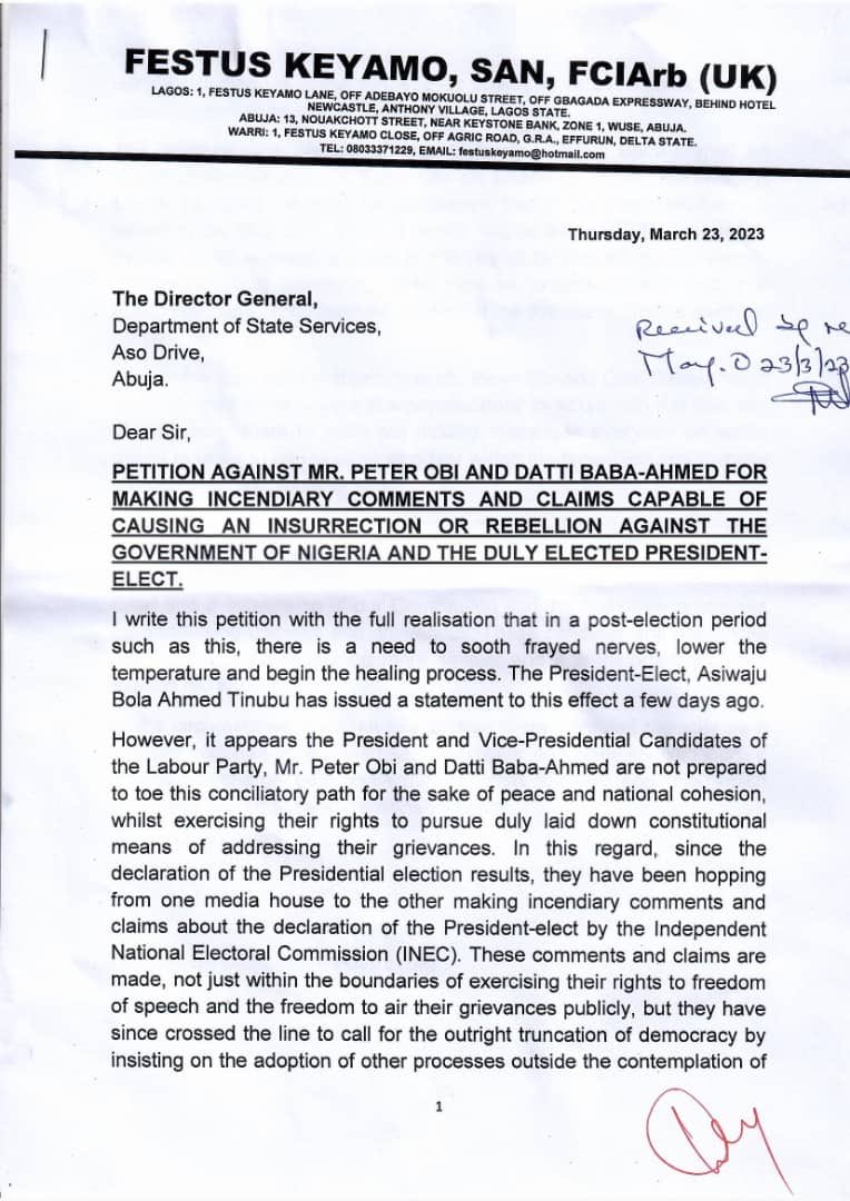 "Arrest Peter Obi, Datti Baba-Ahmed for incendiary" -Keyamo petitions DSS (See Petition)