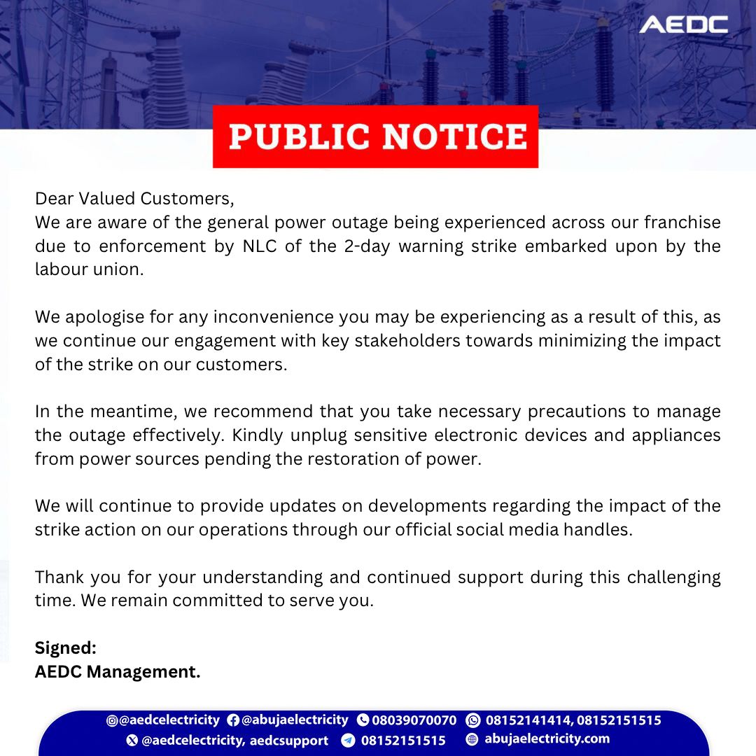 Strike: Abuja electricity company advises customers on how to manage power outage