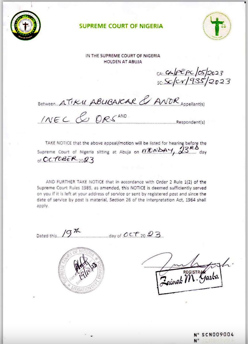 Supreme Court fixes date to hear Atiku's appeal against Tinubu [SEE NOTICE]