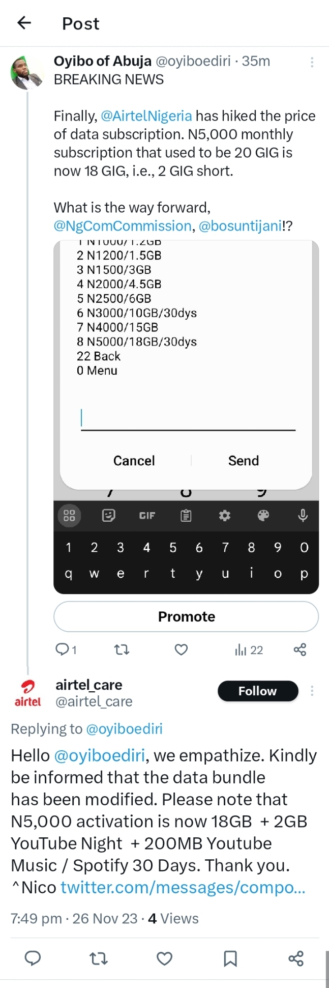 BREAKING: Airtel quietly hikes price of data subscription