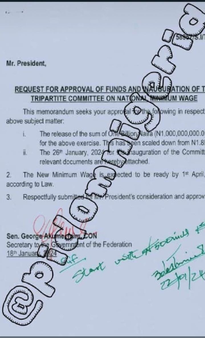 Leaked memo reveals 37-member Tripartite Committee on minimum wage demanded N1.8bn for Inauguration