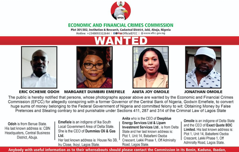 Emefiele’s wife declared wanted by EFCC