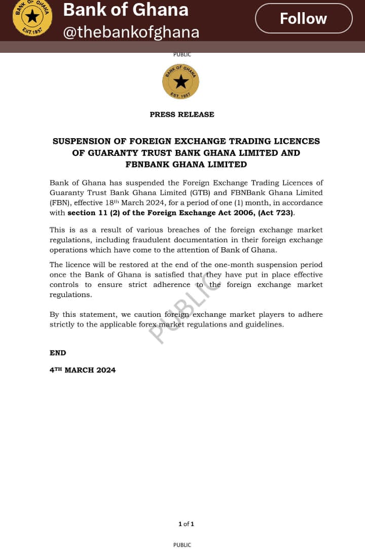 Bank Of Ghana suspends foreign exchange  Licences of GTB, First Bank over fraudulent documentation
