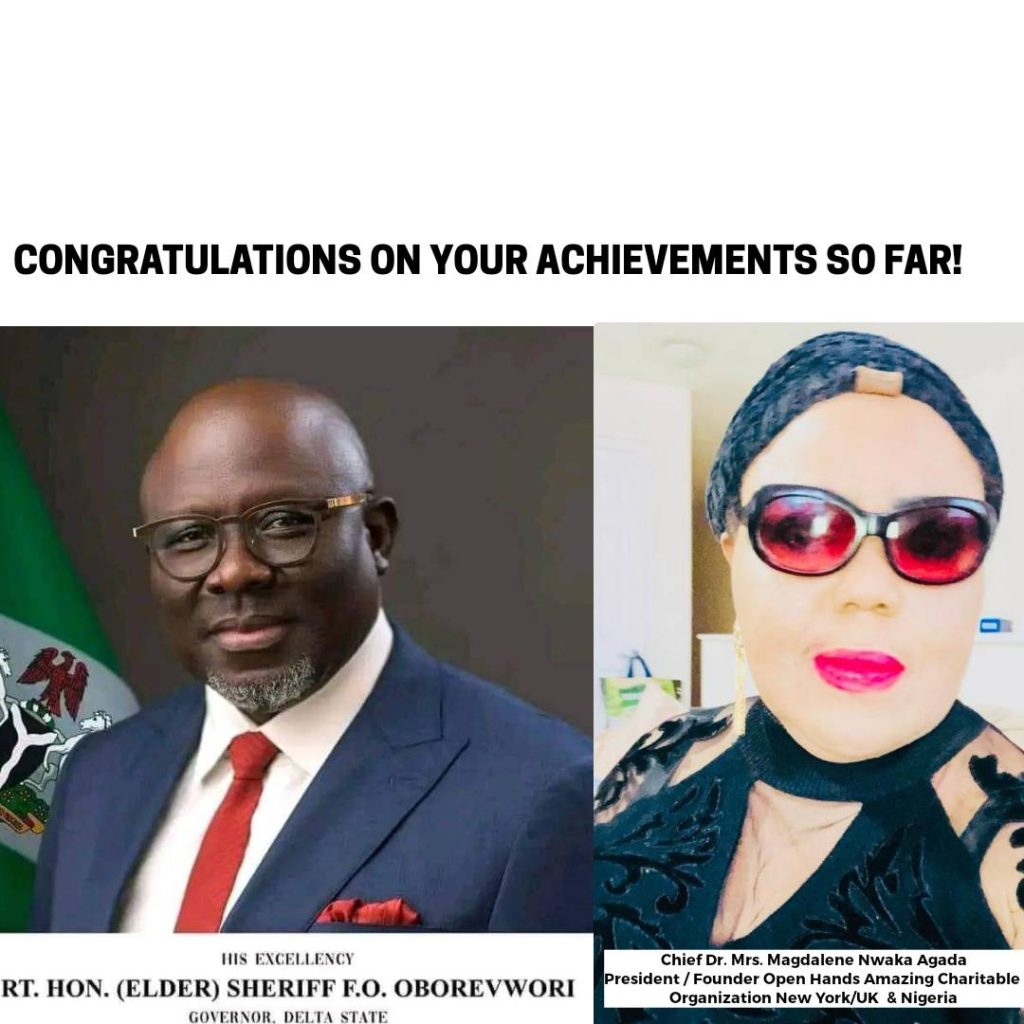 1ST YEAR IN OFFICE: U.S. based Nigerian philanthropist chief Magdalene Nwaka-Agada congratulates Governor Sheriff Oborevwori
