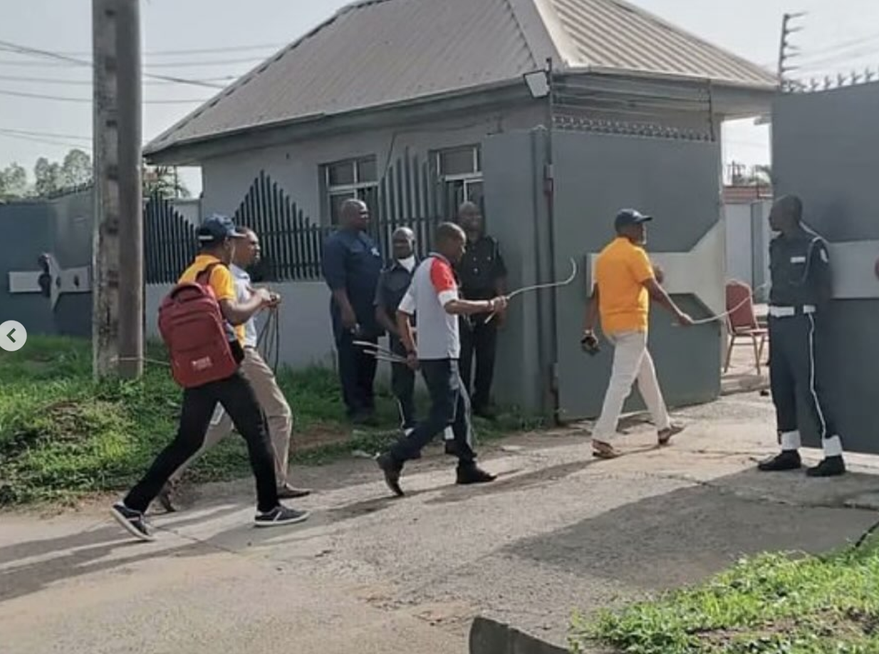 Photos: Labour Leaders storm FIRS office with canes, whip erring workers