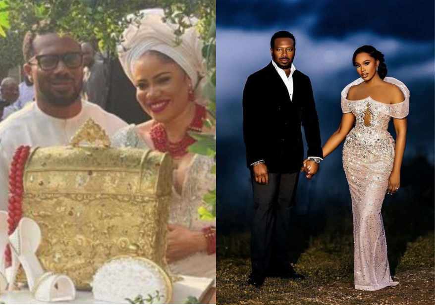 Nigerians dig out wedding photo of Sharon Oojo’s husband previous marriage, divorce details