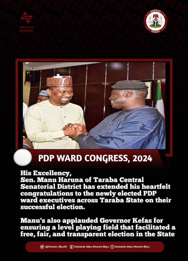 Ward elections: Senator Manu congratulates newly elected PDP Taraba executives