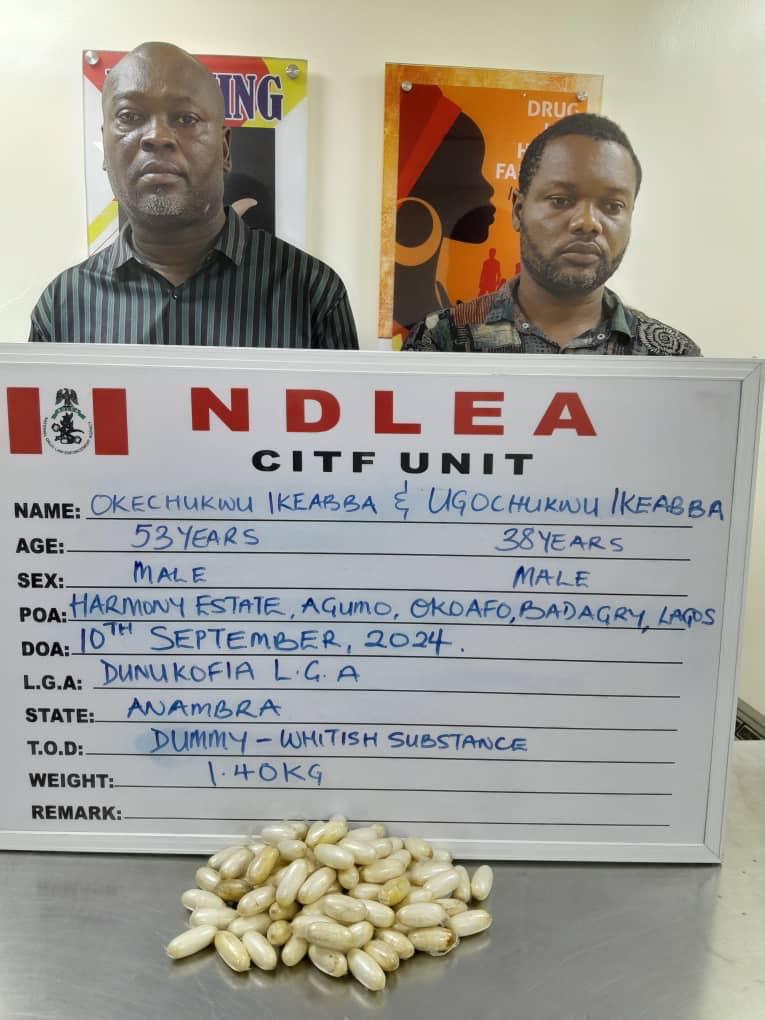 NDLEA operatives nab 2 blood brothers behind cocaine shipment to Vietnam