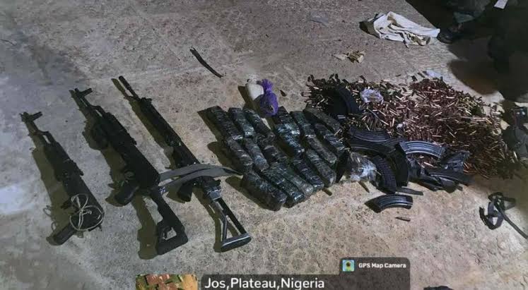BREAKING: Soldiers nab notorious gunrunners with assault rifles, cache of arms, ammunition in Plateau(Photos)