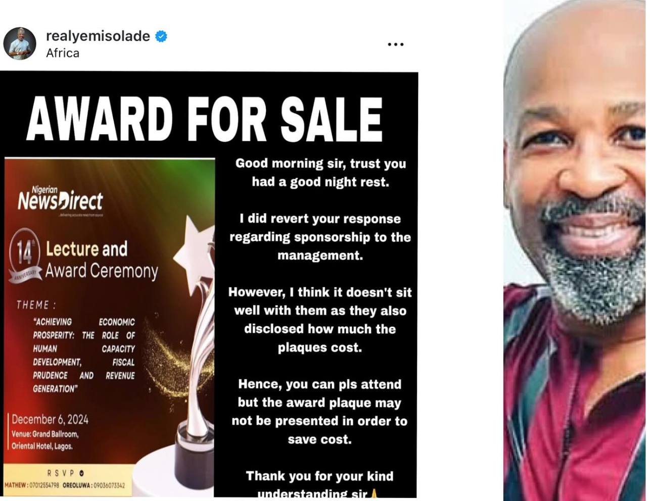 I was harassed – Actor, Yemi Solade calls out event organizers for holding back award plaque