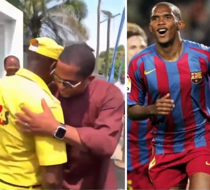Watch emotional moment Samuel Eto’o bumps into old teammate working as a security guard (video)
