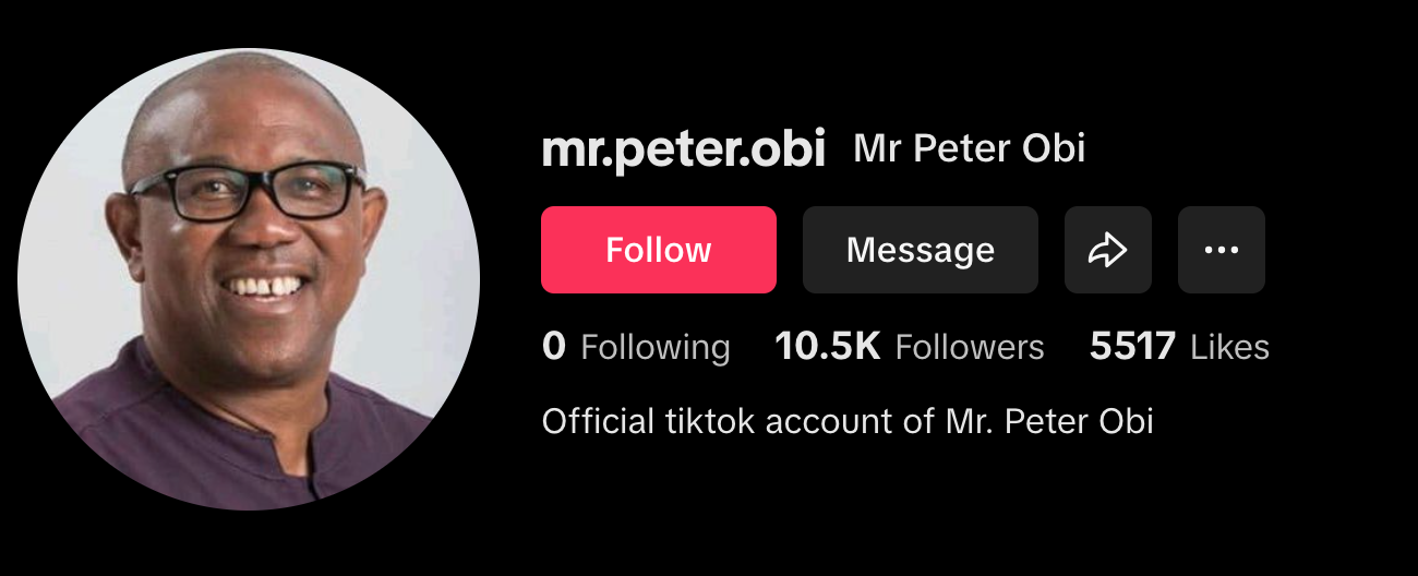 Peter Obi joins TikTok, gets over 10k followers in two hours