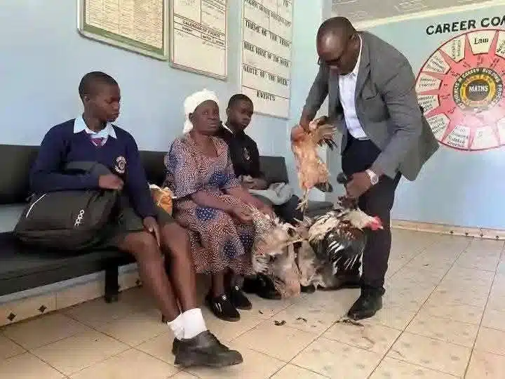 Grandmother  goes to grandkids sch with 6 chickens in exchange for fees (Photos)